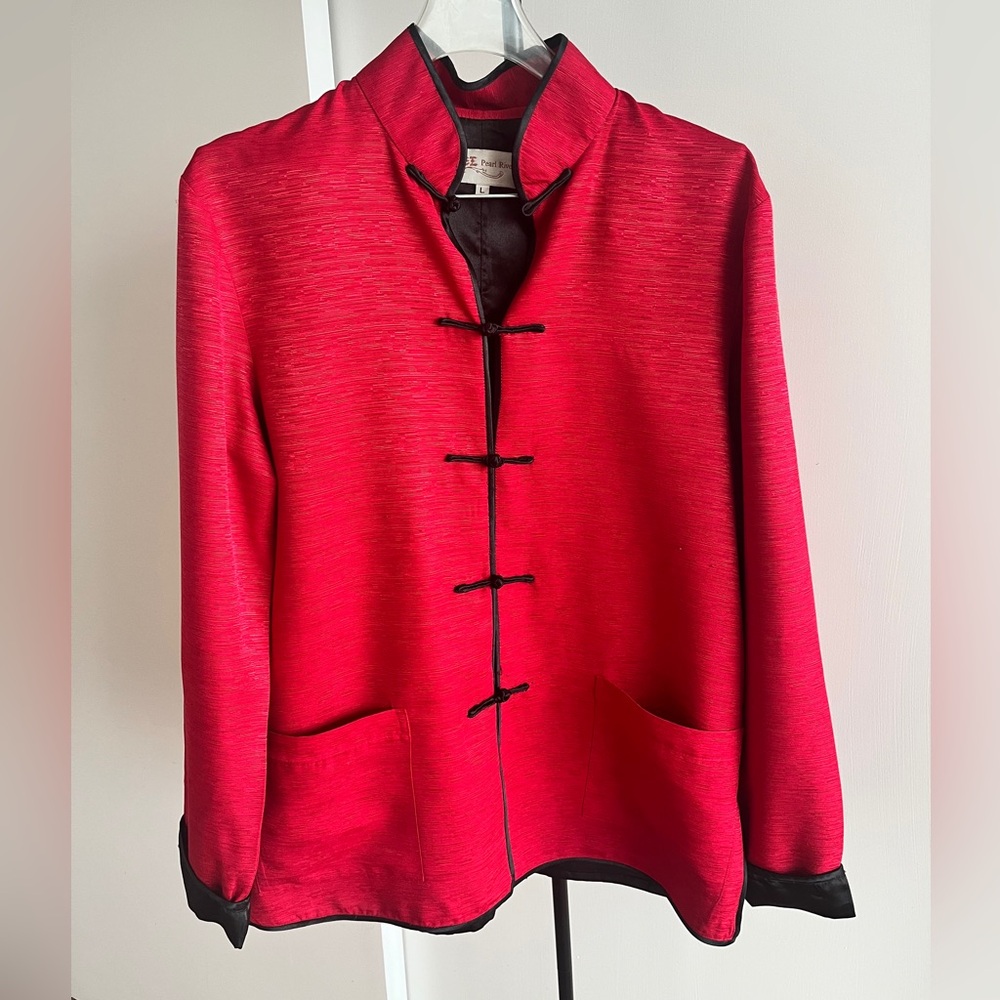 Pearl River Mandarin Tang 100% Silk Jacket Red Black Lining Sleeve Frog Clasps L